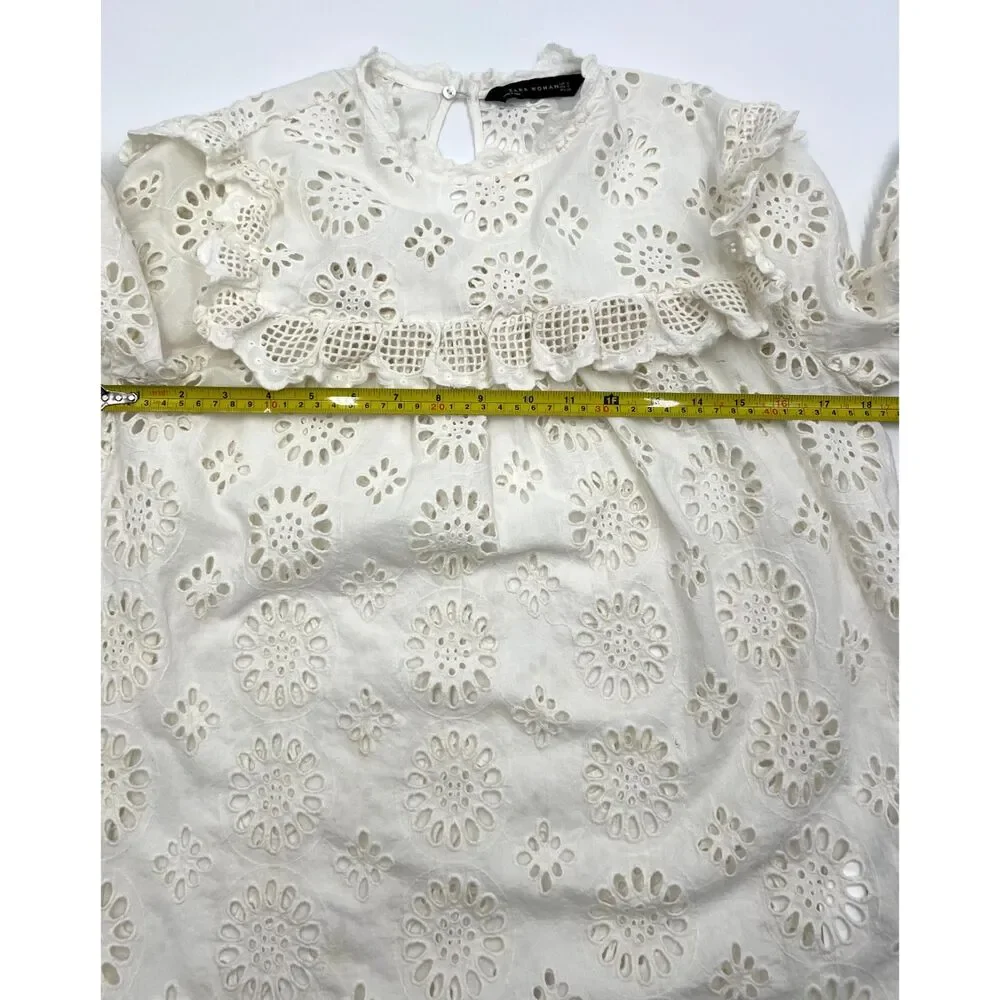 Zara White Eyelet Lace Embroidery Blouse Ruffled Romantic Small Fairycore Indie